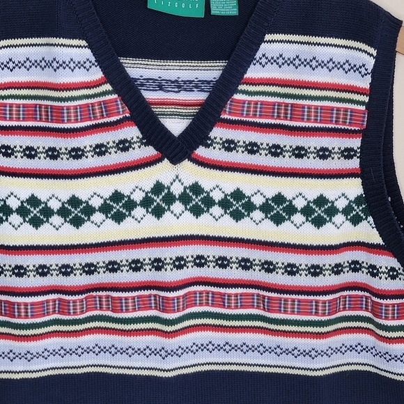 Liz Claiborne LizGolf | Navy Blue Red Pale Yellow Fair Isle Argyle Sweater Vest - Picture 2 of 4